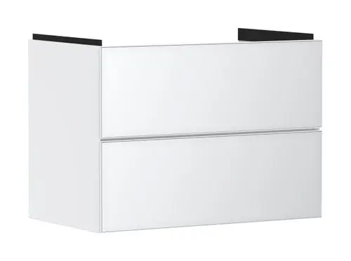Weißer Waschtischunterschrank mit zwei Schubkästen, geeignet für einen Waschtisch. Hergestellt von Hansgrohe. Klarlinige Oberfläche ohne sichtbare Griffe.